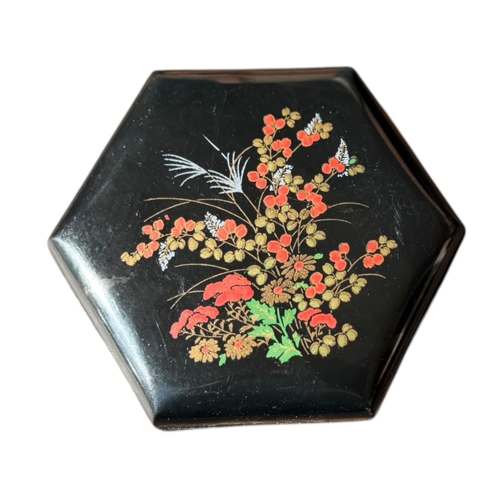 Vintage Hexagon Black Lacquerware Trinket Box Floral Asian Jewelry Keepsake Case - Picture 2 of 11